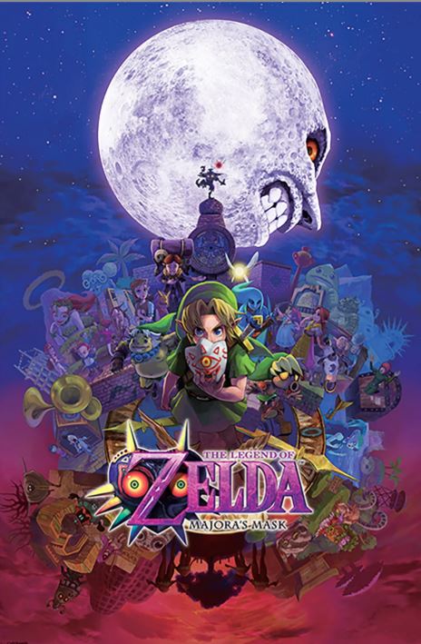 The Legend of Zelda (Majora's Mask) poster by GAM 021 showcases Link with a mask, iconic characters and items, and the looming moon in a vibrant sky—a must-have for any gaming collection.