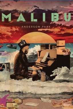 The "Anderson Paak - Malibu" album by MUS 063 features a surreal collage cover with Anderson .Paak playing piano on a beach, surrounded by ocean waves, floating objects, and a vivid sunset.
