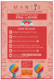 The back of the Mantis (By Exploding Kittens) box from Blue Dog Posters features colorful “steal or score” game instructions, surrounded by playful rainbow mantis illustrations inspired by mantis shrimp and The Oatmeal.