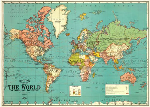 The Blue Dog Posters World Map 4 Poster Wrap features a vintage Mercator projection with pastel-outlined countries, continents, and ocean details—ideal for archival paper prints or as unique gift wrap.