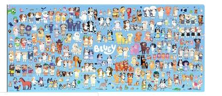 The Bluey Characters - XXL Gaming Mat by Blue Dog Posters showcases colorful cartoon dog characters on a light blue background, features the logo at the center, and is designed for pixel-perfect mouse tracking.