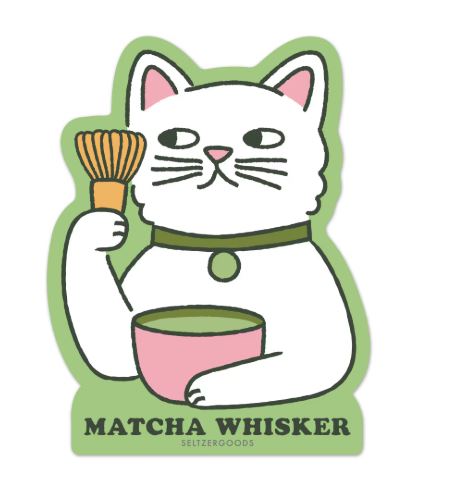 The Matcha Whisker Vinyl Single Sticker by Blue Dog Posters shows a white cat holding a bamboo whisk and pink bowl, with "MATCHA WHISKER" below on a green-bordered background—perfect for decorating your water-resistant laptop.
