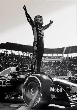Max Verstappen, in racing suit and helmet, stands triumphantly atop a race car with arms raised before a stadium crowd. This striking black and white poster by SPO 016 captures the excitement of motorsport.