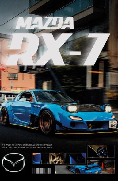 A blue Mazda RX-7 by CAR 017 speeds down a city street, "MAZDA RX-7" boldly above. Smaller images of the car and CAR 017 logo at the bottom make this a striking sports poster ideal for premium gloss paper.