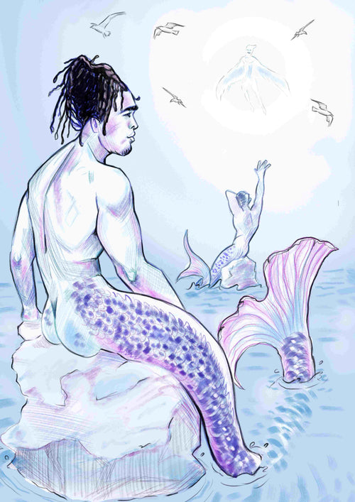Mermen by Miles Illustrated from Blue Dog Posters features two masculine mermaids with purple tails basking under a bright sky—one sits on a rock while the other reaches toward the sun and soaring birds.
