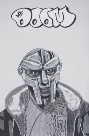 Black and white illustration of MF Doom Madvillain in a metal mask and jacket with sketched designs. "MF DOOM" graffiti text appears above. A striking MUS 324 rap poster, ideal for any music collection.