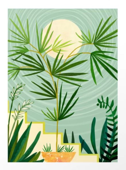 The "Midnight Moon Green Garden" by GAL128 features diverse green plants against a textured, circular-patterned backdrop, exuding a modern tropical feel. Centered is a large plant with long leaves, stairs on the left, and a pale yellow sun or moon create an abstract art landscape.