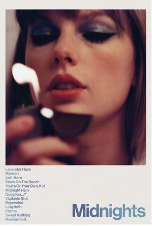 A woman with bold eye makeup gazes at a lit lighter on the Taylor Swift - Midnights Lighter Song List poster by MUS 272. Pop-inspired blue song titles make this premium gloss print perfect for fans who love large regular posters.