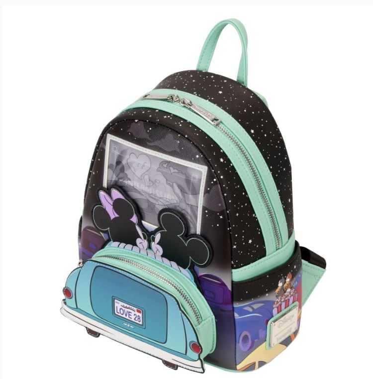 The Disney Mickey & Minnie Date Drive In Backpack by Blue Dog Posters showcases a playful and whimsical scene of Mickey Mouse and Minnie Mouse watching a movie from the back of a turquoise car. The bag features black, starry night fabric with mint green zippers and accents, along with a license plate that reads "LOVE 28.