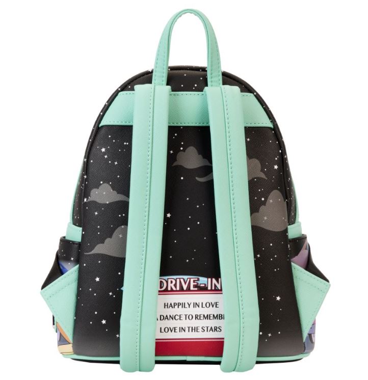 A Disney Mickey & Minnie Date Drive In Backpack by Blue Dog Posters, featuring a black design with a starry night sky and shooting stars. It has mint green straps and trim, side pockets, and the text "DRIVE-IN" along with partial phrases on a label at the bottom. Perfect for fans of Mickey Mouse and Minnie Mouse.