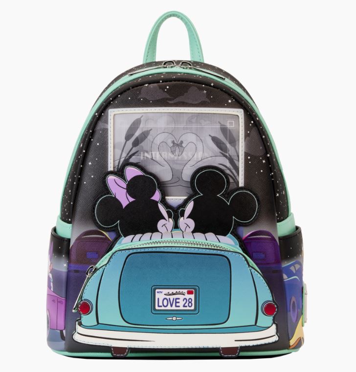 The Blue Dog Posters Disney Mickey & Minnie Date Drive In Backpack is a vibrant mini backpack boasting detailed illustrations of parked cars and iconic images of Mickey and Minnie Mouse seated in a classic car at a drive-in movie. It features teal trim and straps, with their car's license plate reading "LOVE 28".