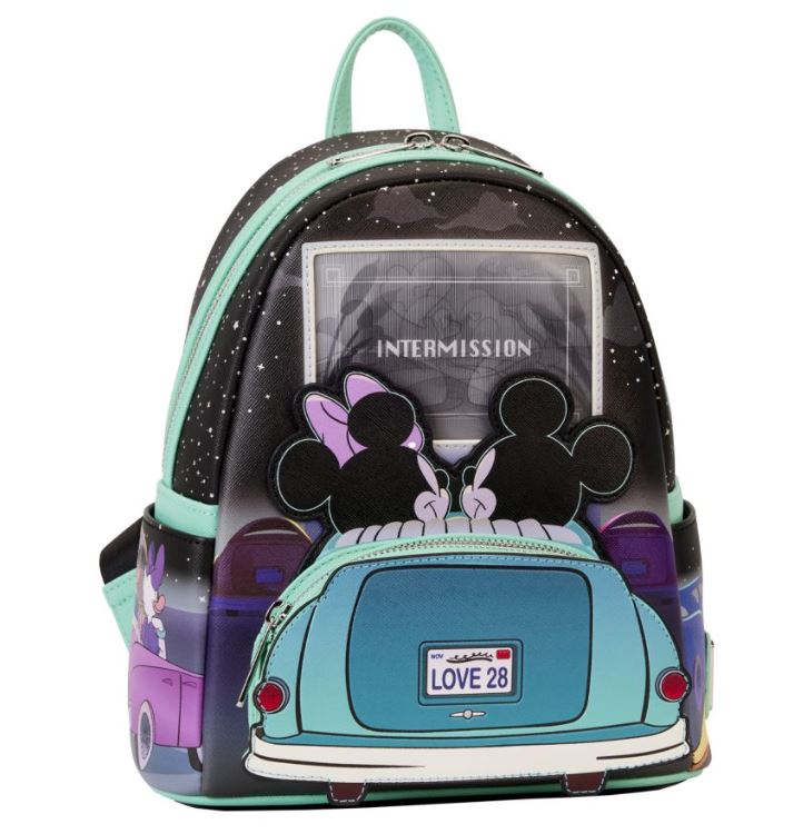 The Disney Mickey & Minnie Date Drive In Backpack from Blue Dog Posters encapsulates the magic of a drive-in movie scene, with Mickey Mouse and Minnie Mouse seated in a car, watching "INTERMISSION" on the screen. With its front zipper pocket, mint green trim, and celestial-themed background, it's an ideal accessory for any Disney enthusiast.
