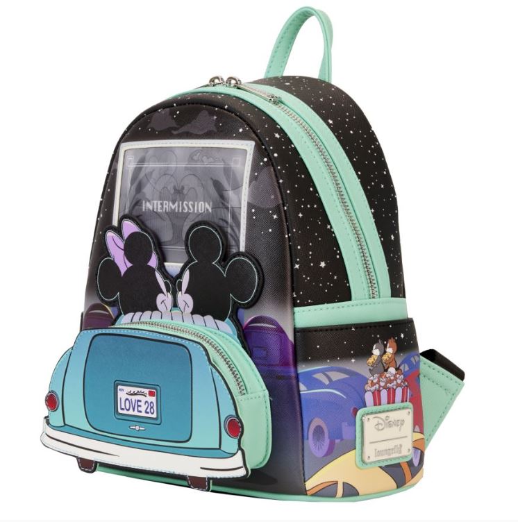 A stylish Blue Dog Posters Disney Mickey & Minnie Date Drive In Backpack featuring Mickey Mouse and Minnie Mouse watching a drive-in movie. This mini backpack is primarily black with mint green accents and zippers, showcasing a detailed design with a starry sky and cars. A license plate reads "LOVE 28.