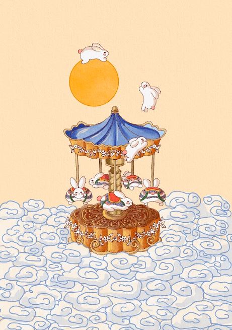 Moody and festive, 'Mooncake Carousel by Plain Rice Studios' from Blue Dog Posters features white rabbits riding a mooncake carousel above blue clouds, with an orange-yellow moon and flying rabbits in the background.
