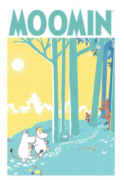 Illustration of The Moomins walking in a vibrant forest with tall trees and a yellow sky. "MOOMIN" in big blue letters tops the design. Perfect as a large regular or Kids TV poster by KID 055.