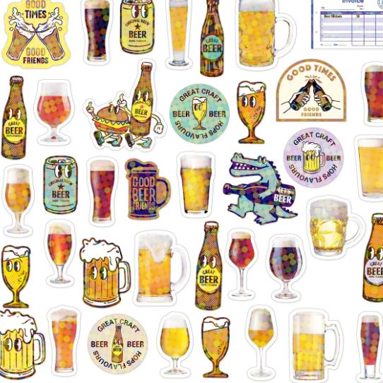 The Japanese Mini Sticker Box Beer by Blue Dog Posters features colorful beer-themed stickers—glasses, mugs, bottles, and phrases like “GOOD FRIENDS” and “GREAT CRAFT BEER FLAVORS”—all on a crisp white background.