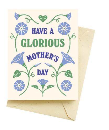 The Morning Glory Mother's Day Card by Blue Dog Posters is printed in Canada, features green leaves and purple flowers, “Have a glorious Mother’s Day” text, is eco-friendly, and comes with a cream envelope.