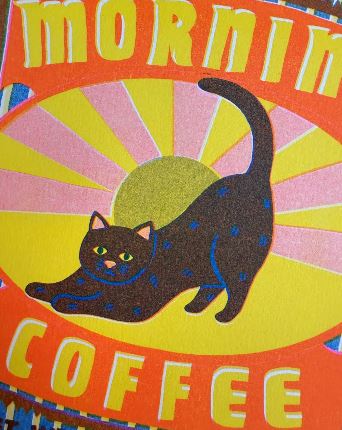 Black Cat Coffee Riso Print by Naomi Wilkinson Illustration