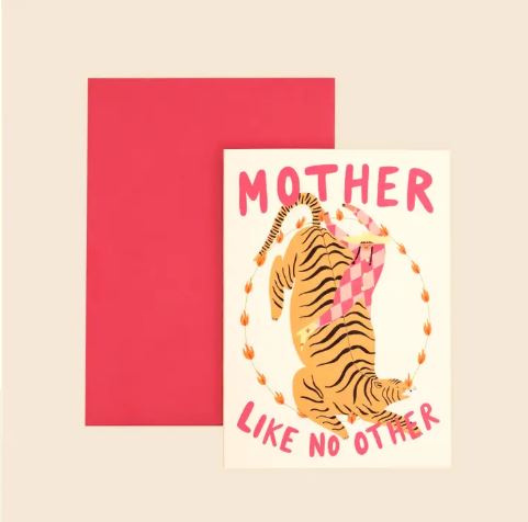 The "A Mother Like No Other Greeting Card" by Blue Dog Posters features a tiger in a pink scarf with a floral garland, “Mother Like No Other” in pink letters, and comes with a red envelope—perfect for Mother’s Day.