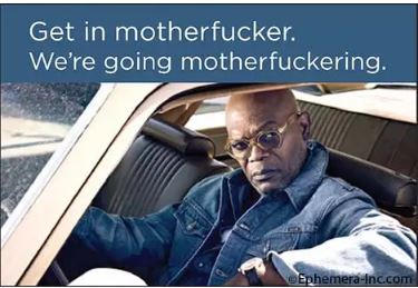 The Get in Mother Fucker Magnet by Blue Dog Posters features a stern man in glasses and denim gripping a steering wheel with bold, sarcastic text—perfect dark humor for your fridge.