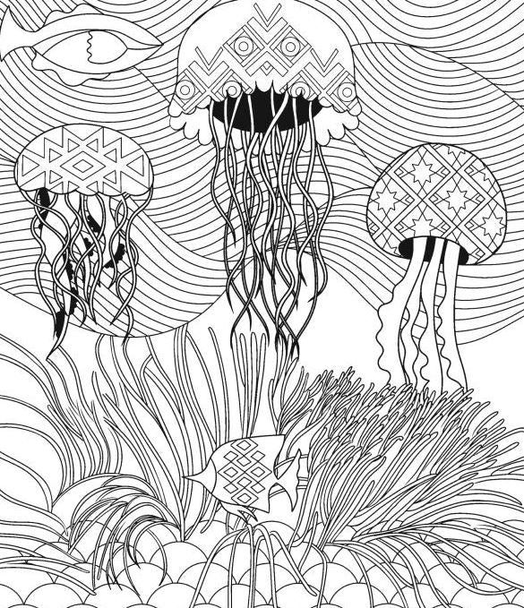 Enjoy a Mushroom Daydream with this Blue Dog Posters coloring book featuring line art of three jellyfish and two fish with geometric patterns, swimming above underwater plants, coral, and intricate fungi amidst wavy movement lines.