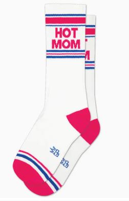 The Hot Mom Gym Crew Socks by Blue Dog Posters feature red heels and toes, bold "HOT MOM" text, blue stripes near the top and toes—a playful, vibrant pair for stylish moms.
