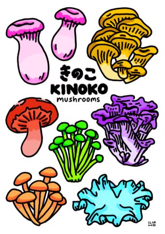 The Kiniko Mushrooms Archival Print by Inner Baby from Blue Dog Posters features a vibrant array of pink, yellow, red, green, purple, orange, and blue mushrooms with "きのこ KINOKO mushrooms" in the center—perfect for adding whimsy to any space.