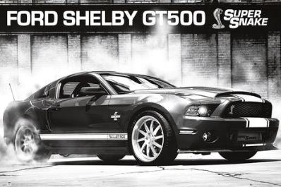 A black-and-white sport poster of the Ford Shelby Mustang by CAR 003, with smoke around its tires and the car’s name on a wall—printed on premium gloss paper for a striking finish.
