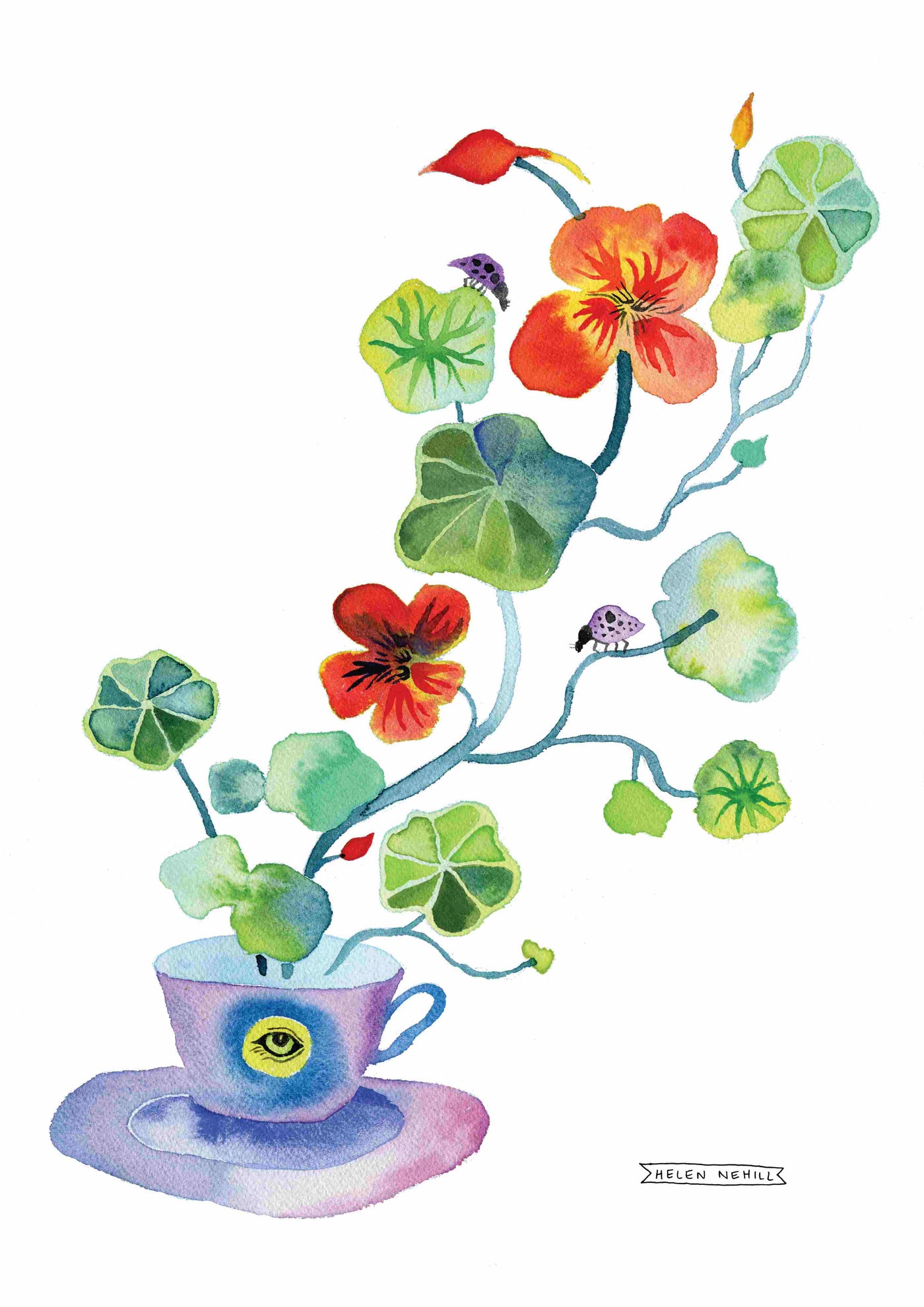Nasturtium Tea by Helen Nehill A5 from Blue Dog Posters: A watercolor mini print featuring a blue teacup with a yellow eye, bright nasturtiums, green leaves, purple insects on stems, and a matching purple saucer. Part of the Little Art series.