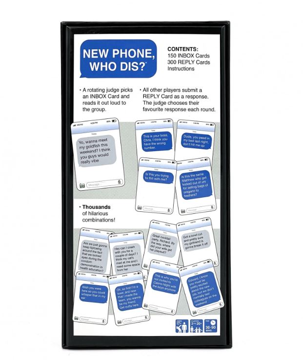The game box titled "New Phone Who Dis? Aussie Edition" from Blue Dog Posters reveals its contents: 150 INBOX Cards, 300 REPLY Cards, and instructions. It shows an example of text message cards. In this offline party game, a rotating judge picks an INBOX card while other players submit a REPLY card. The game claims to be the funniest text message game.