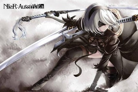 A white-haired warrior in black attire kneels with a sword, visor over their eyes, against a cloudy backdrop. "Nier Automata" and GAM 039 branding make this striking wall art or large poster ideal for any fan's room.