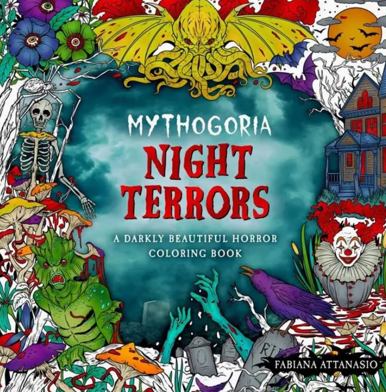 The "Night Terrors Colouring Book" by Blue Dog Posters features a cover with monsters, skeleton, haunted house, clown, octopus creature, and eerie plants under stormy clouds—ideal for horror fans craving imaginative chills.