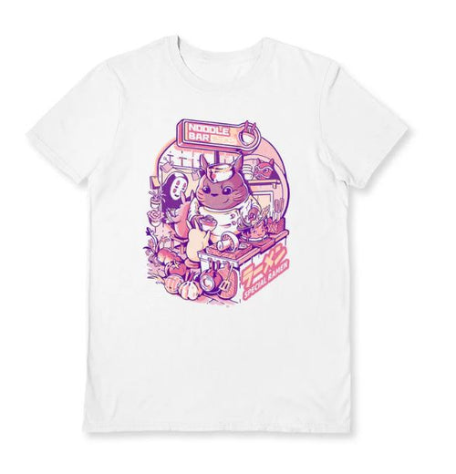 The Noodle Bar White T-Shirt XL by Blue Dog Posters features a playful cartoon cat chef at a noodle bar with veggies and kitchen items, accented in pink and purple with Japanese text—ideal for whimsical style fans and artist support.