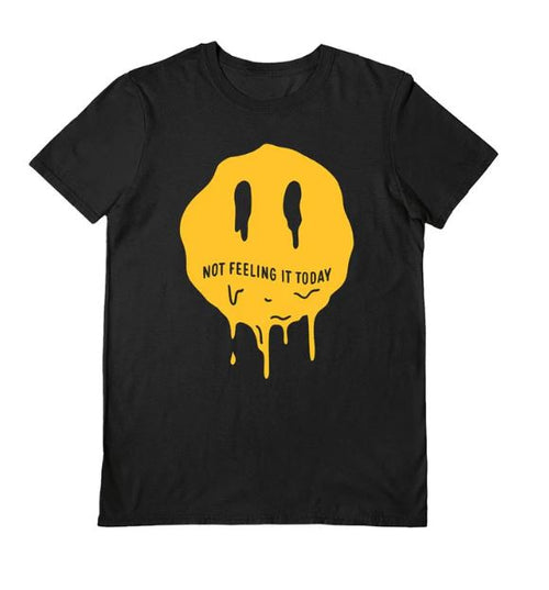 The Blue Dog Posters Not Feeling It Black T-Shirt (Medium) features a large melting yellow smiley face with droopy eyes and "NOT FEELING IT TODAY" text—perfect for expressing your mood on darker days.