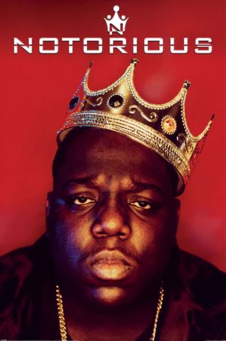 A man in a jeweled crown stares forward against a red backdrop on The Notorious B.I.G (Biggie Crown) poster by MUS 239. The bold "NOTORIOUS" text with a crown graphic makes this Hip Hop poster perfect for any music collection.