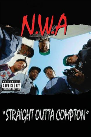The MUS 298 N.W.A. Straight Outta Compton poster shows six members in a circle looking down at the camera, with the album title and parental advisory label on a black background—ideal for rap or music fans.