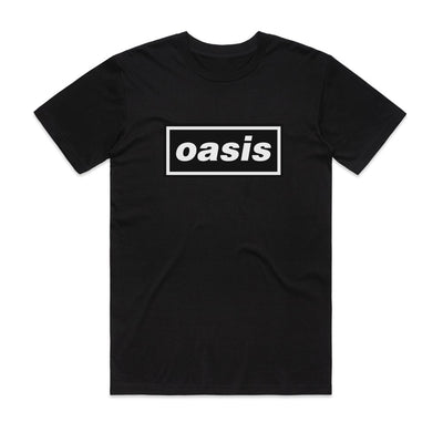 The Official Oasis T-Shirt Black SML by Blue Dog Posters features a classic black design with a bold white "oasis" logo on the front, inspired by vintage band shirts and the iconic Decca style.