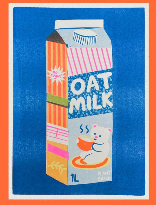 Oat Milk Riso Print by Naomi Wilkinson Illustration for Blue Dog Posters: A 1-liter oat milk carton with colorful stripes, a "no sugar!" label, and a white bear holding a bowl on an orange-bordered blue background with "OAT MILK" and "PLANT BASED".