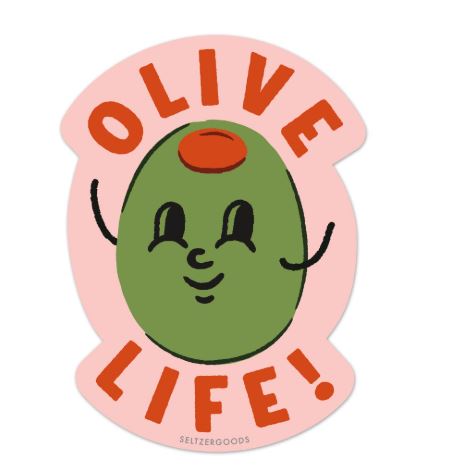 The Olive Life Vinyl Single Sticker by Blue Dog Posters features a cheerful green olive with "OLIVE LIFE!" in bold red on pink. Water resistant and perfect for sharing your olive love anywhere!.