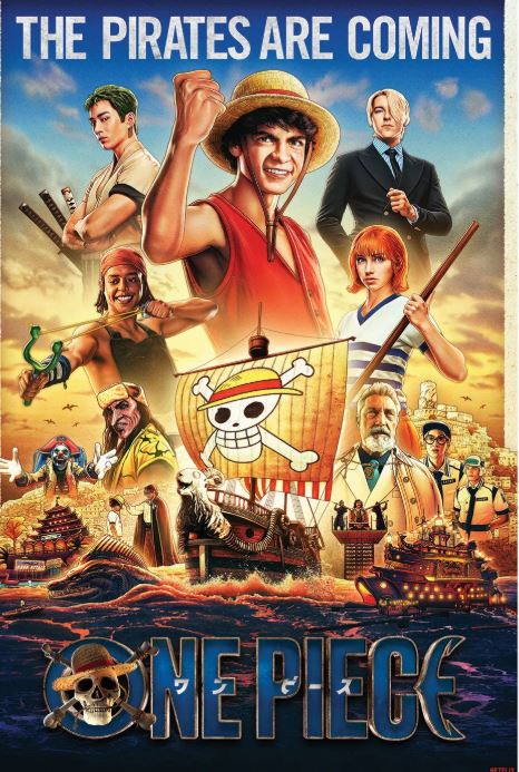 The MTV 275 "One Piece Live Action (Pirates Incoming)" poster features the main crew, including a boy in a straw hat and their ship. This vibrant anime artwork displays the text: “The Pirates Are Coming.”.