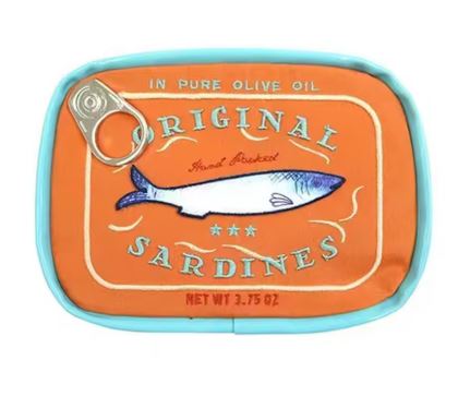 The Blue Dog Posters Sardine Tin Bag Orange/Blue Trim features an orange label, blue border, and sardine image with "Original Sardines" and "Net Wt 3.75 oz." A PU leather bag ideal for small accessories or as a quirky pouch.