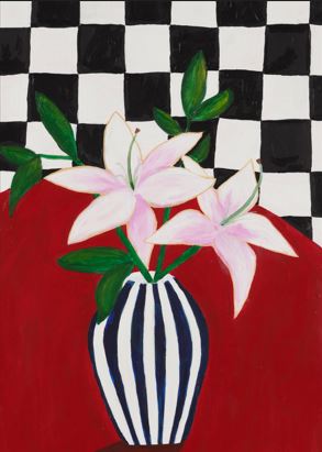 Part of the Featured Artist Collection, The Ottilie by Vanessa Franklin for Blue Dog Posters features pink lilies in a striped vase on a checkerboard background, printed on premium 250gsm Satin Paper.