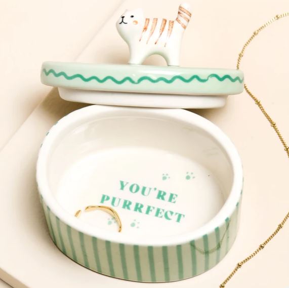 Green Oval Ceramic Cat Trinket Pot