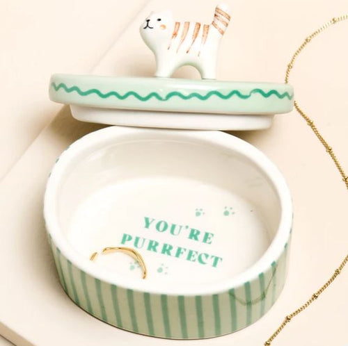 Green Oval Ceramic Cat Trinket Pot