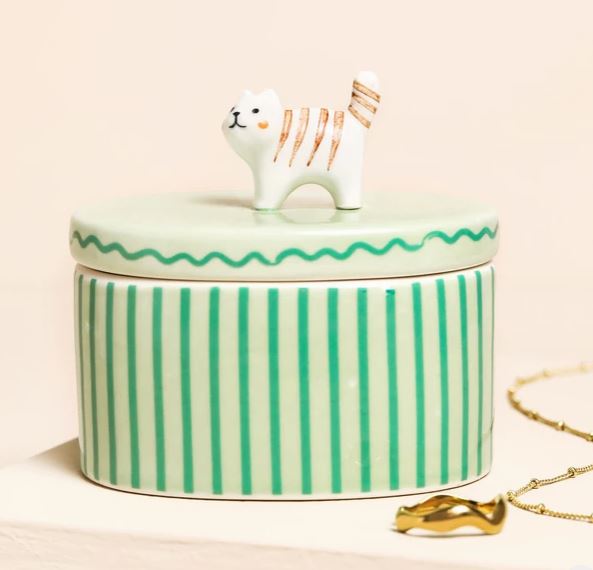 Green Oval Ceramic Cat Trinket Pot