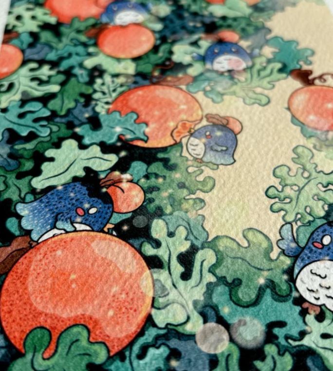 Oranges & Owls by Plain Rice Studios from Blue Dog Posters features a vibrant digital illustration of blue, owl-like birds with red caps perched on large orange fruits among lush green foliage, rendered with soft light and textured details.