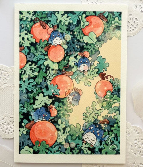 Oranges & Owls by Plain Rice Studios from Blue Dog Posters is a whimsical digital illustration of round blue creatures in hats among red-orange fruits and curly green leaves, set on a textured paper background.