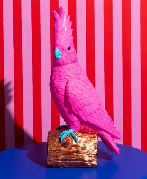Pablo The Parrot Hot Pink Resin Animal by Blue Dog Posters features bright pink feathers, a turquoise beak and feet, and sits on a gold perch—ideal for colorful décor. Set against red and pink stripes with a solid blue base, it’s truly eye-catching.