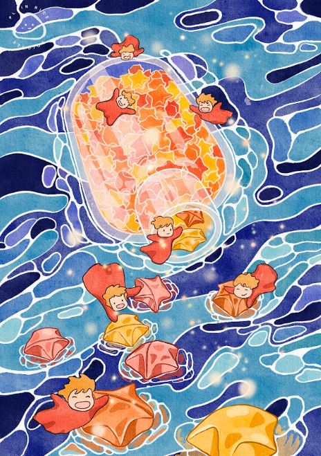 A whimsical digital artwork titled "Paper Stars" by Plain Rice Studios from Blue Dog Posters features smiling children in red, celebrating Asian heritage as they swim among colorful origami boats and a large bottle on swirling blue water.