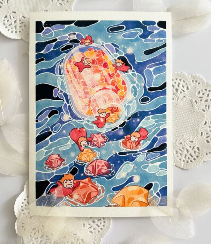 Paper Stars by Plain Rice Studios from Blue Dog Posters features colorful digital art of cartoon people floating with orange, red, and pink umbrellas as a glowing lantern drifts in swirling blue water, celebrating Asian heritage.